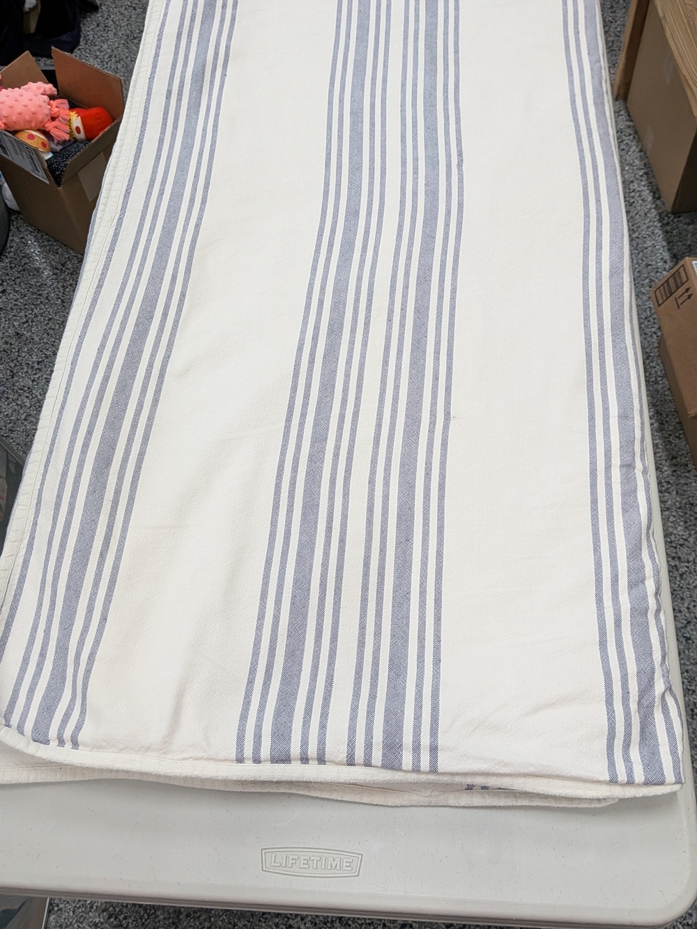 “COYUCHI RUSTIC ORGANIC LINEN FLANNEL LINING Queen BLANKET W/ Blue  STRIPES.”